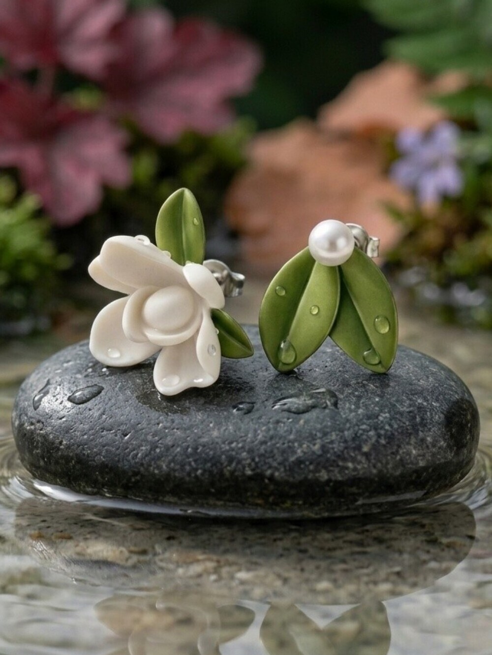 Mismatched Flower and Leaf Resin Stud Earrings 925 Silver Post Cottagecore 1" - Picture 16 of 16